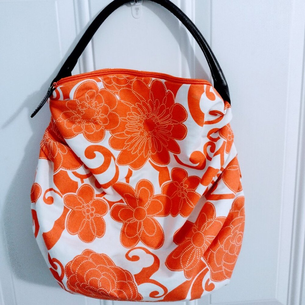 Saks Fifth Avenue Orange and White Floral Hobo Bag Turquoise Lined
